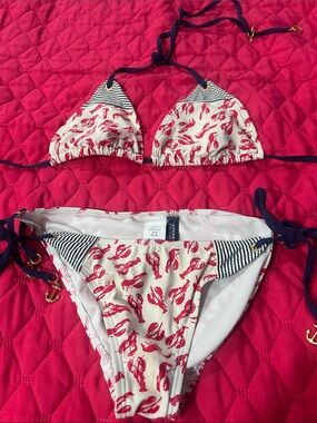 Sperry White Bikini Top with Red Lobster Print and Navy Trim